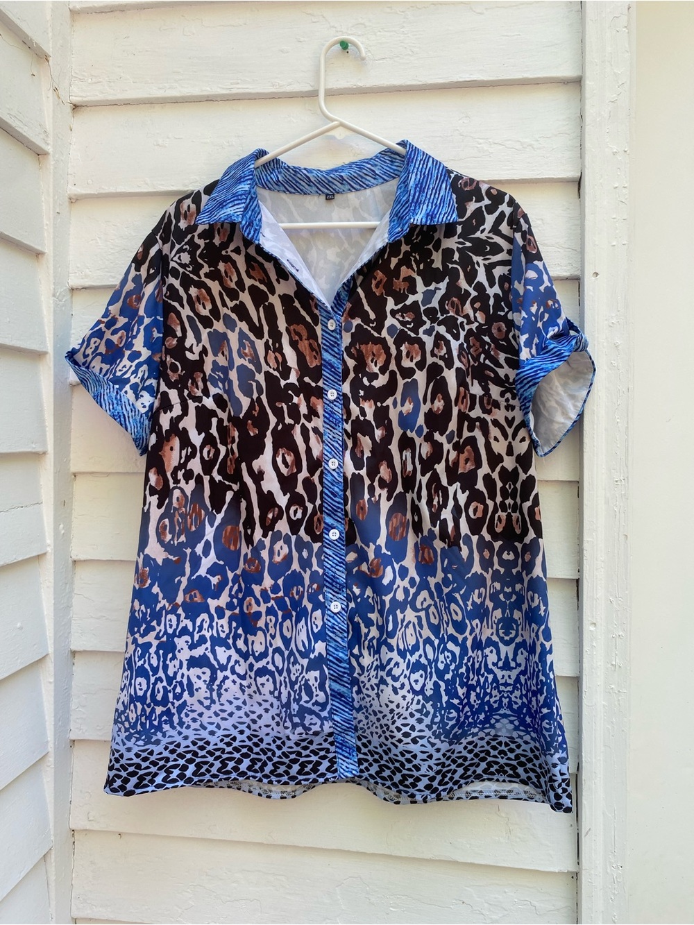 Blue Gradient Animal Print Button-Up Blouse Fun and Funky